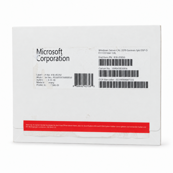 1 Zugriffslizenz (Benutzer) für Windows 2019 Server, SB, deutsch, Vorderseite (R18-05850) 1 Zugriffslizenz (Benutzer) für Windows 2019 Server, SB, deutsch, Vorderseite (R18-05850)
