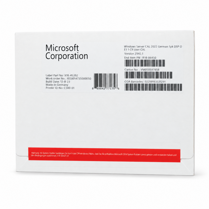 1 Zugriffslizenz (Benutzer) für Windows 2022 Server, SB, deutsch - neu, Vorderseite (R18-06450) 1 Zugriffslizenz (Benutzer) für Windows 2022 Server, SB, deutsch - neu, Vorderseite (R18-06450)