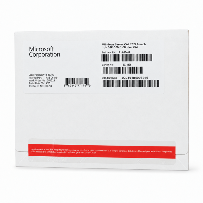 1 Zugriffslizenz (Benutzer) für Windows 2022 Server, SB - neu, Vorderseite (R18-06449)