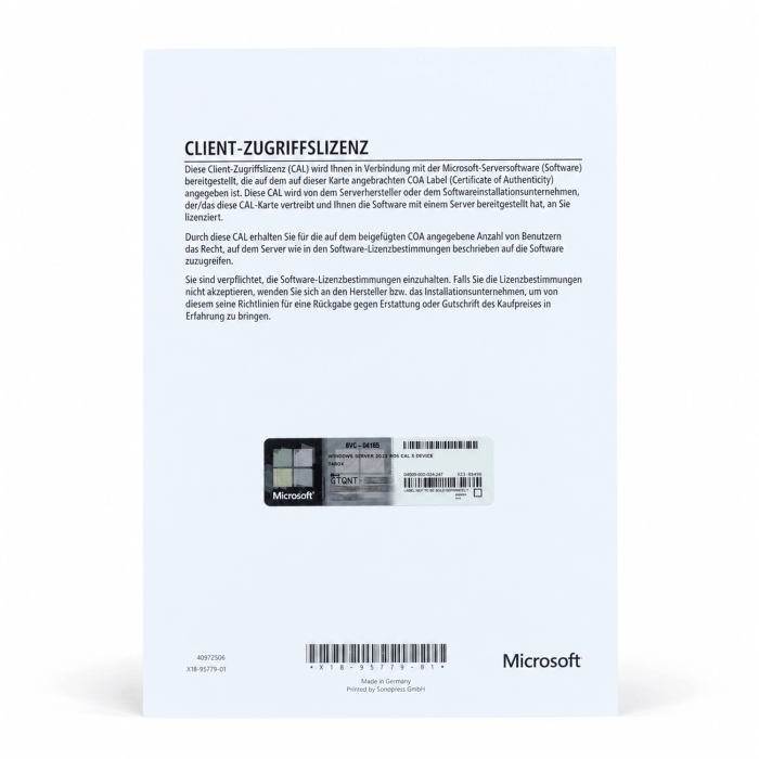 5 RDS-Zugriffslizenzen (Geräte) für Windows 2022, Tarox-OEM, Vorderseite (6VC-04165) 5 RDS-Zugriffslizenzen (Geräte) für Windows 2022, Tarox-OEM, Vorderseite (6VC-04165)