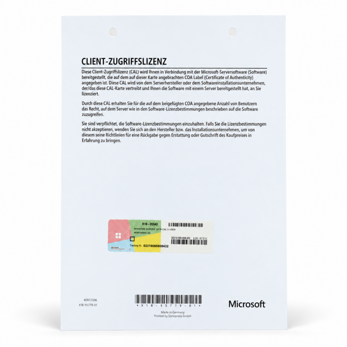 5 Zugriffslizenzen (Benutzer) für Windows 2019 Server, OEM (Wortmann) - neu