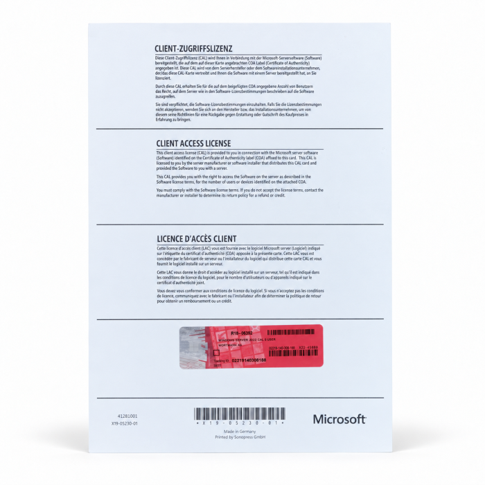 5 Zugriffslizenzen (Benutzer) für Windows 2022 Server, OEM (Wortmann), deutsch - neu 5 Zugriffslizenzen (Benutzer) für Windows 2022 Server, OEM (Wortmann), deutsch - neu