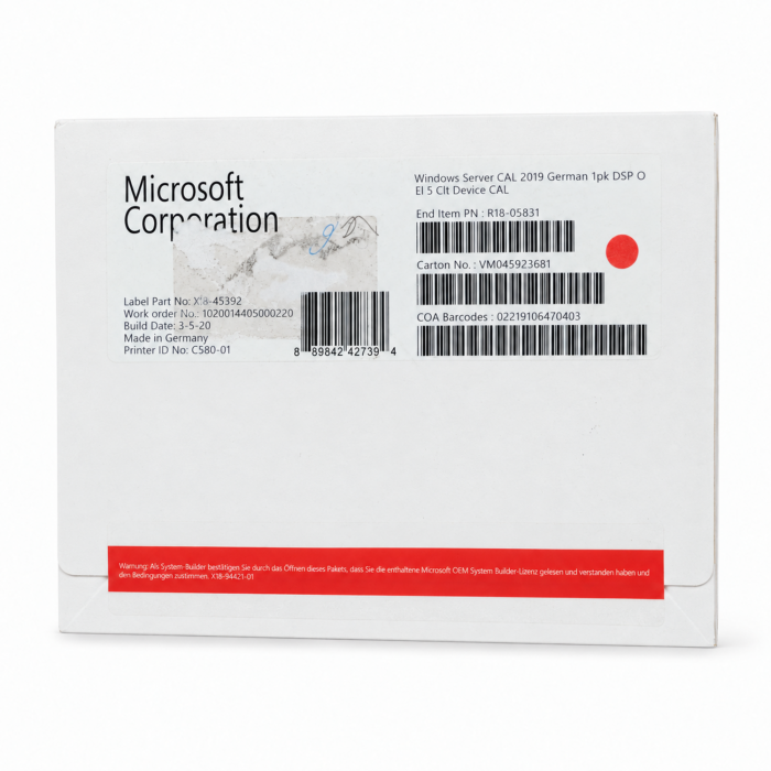 5 Zugriffslizenzen (Geräte) für Windows 2019, SB, deutsch, Vorderseite (R18-05831)