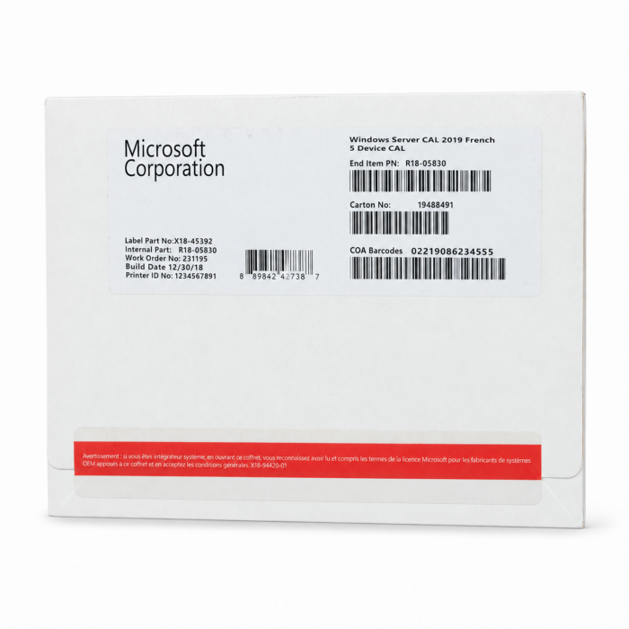 5 Zugriffslizenzen (Geräte) für Windows 2019, SB, französisch - neu, Vorderseite (R18-05830)