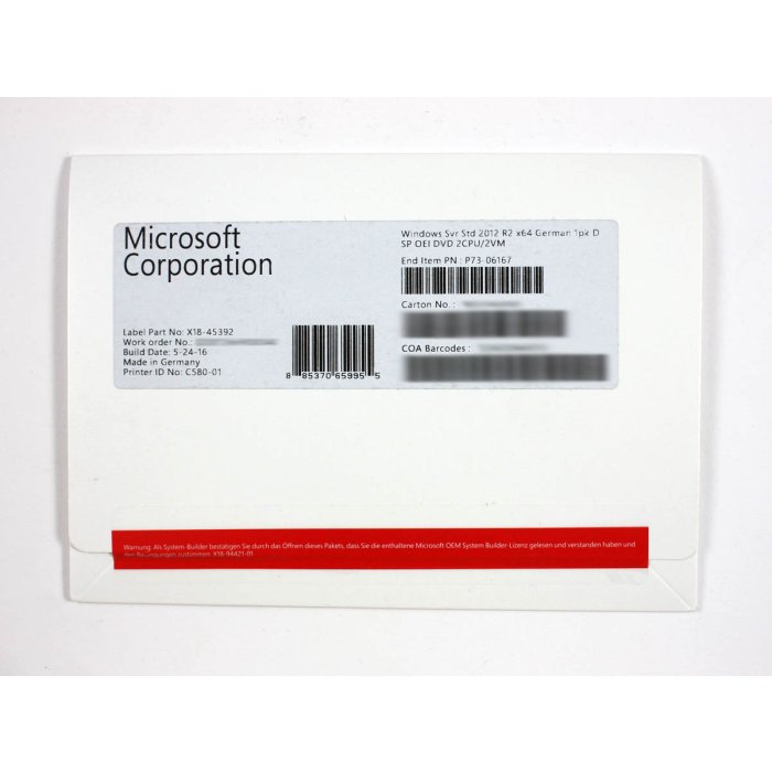 Windows 2012 Server Standard Edition R2 SB, deutsch (für bis zu 2 CPUs/2VMs)