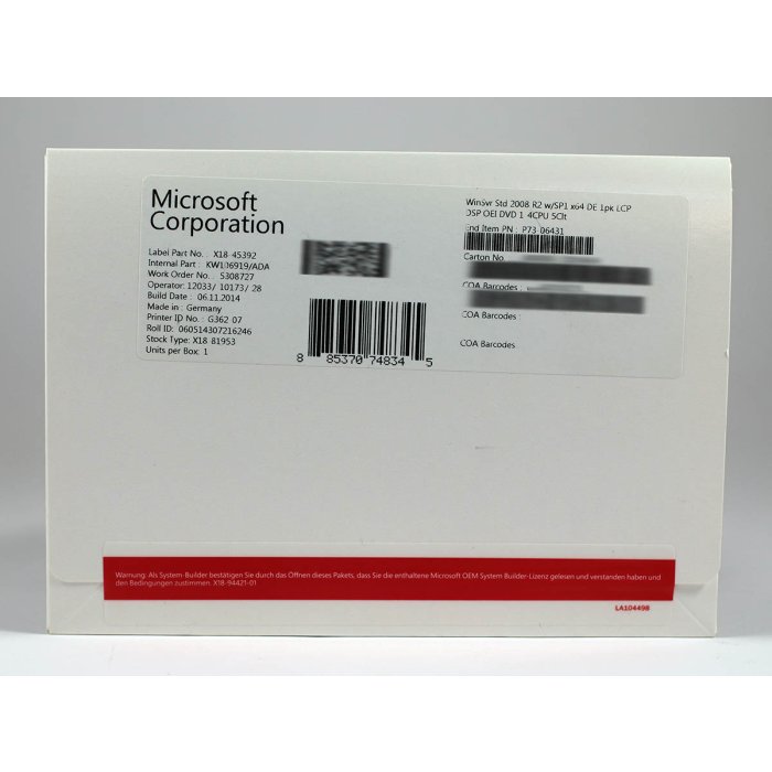 Windows 2008 Server Standard R2/x64 mit SP1 mit 5 CALs SB LCP-Vollversion, deutsch - neu Windows 2008 Server Standard R2/x64 mit SP1 mit 5 CALs SB LCP-Vollversion, deutsch - neu