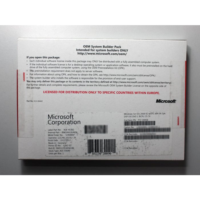 Windows 2008 Enterprise Server R2/x64, SB-Vollversion mit 25 CALs (1-8 CPU), englisch - neu