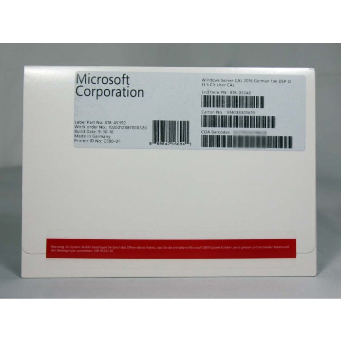 5 Zugriffslizenzen (Benutzer) für Windows 2016 Server, SB (deutsch) - neu