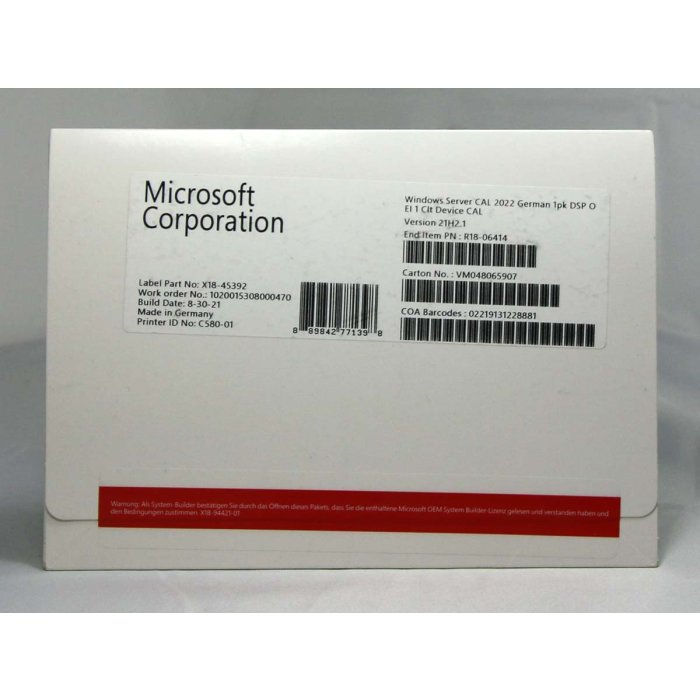 1 Zugriffslizenz (Geräte) für Windows 2022 Server, OEM, deutsch - neu 1 Zugriffslizenz (Geräte) für Windows 2022 Server, OEM, deutsch - neu