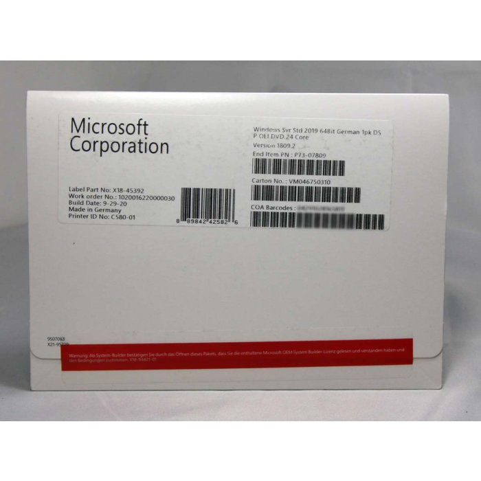 Windows 2019 Server Standard Edition, SB, deutsch (für bis zu 24 Kerne)