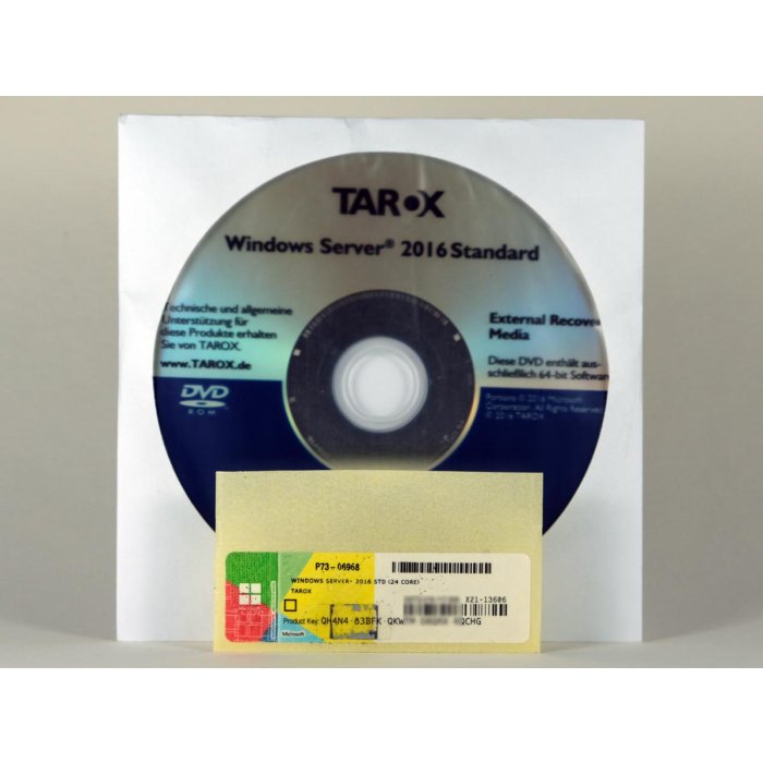Windows 2016 Server Standard Edition (Tarox, frei installierbar), deutsch (für bis zu 24 Kerne)