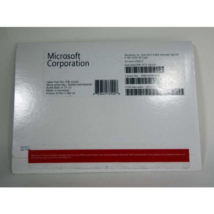 Windows 2022 Server Standard Edition SB, deutsch (für bis zu 16 Kerne)