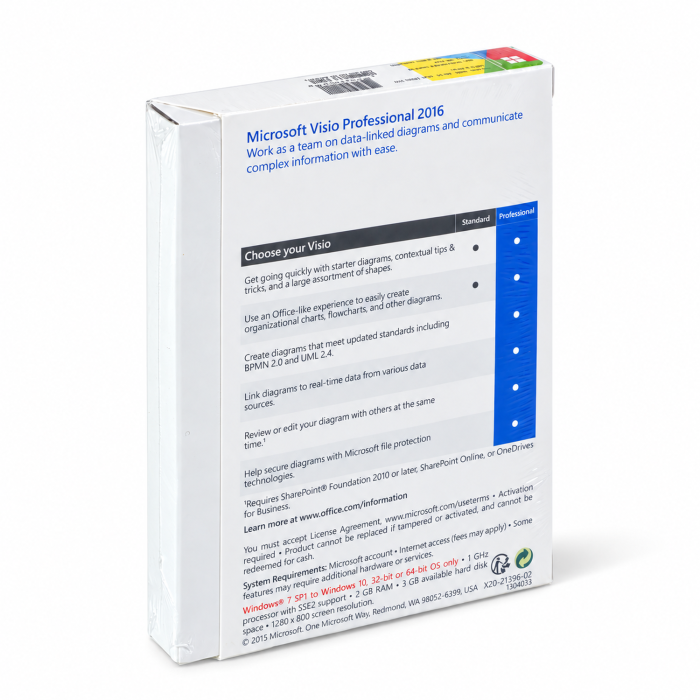 Visio 2016 Professional 32-Bit, x64 Vollversion, englisch - neu, Rückseite (D87-07120)