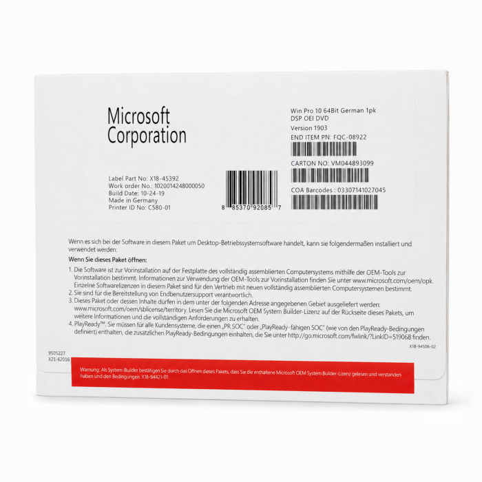 Windows 10 Professional x64, SB-Vollversion - neu, Vorderseite (FQC-08922) Windows 10 Professional x64, SB-Vollversion - neu, Vorderseite (FQC-08922)