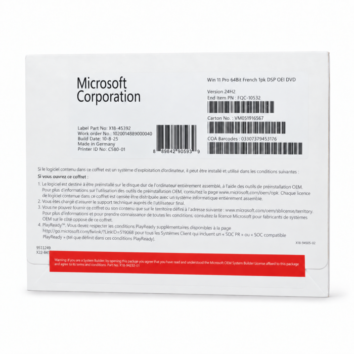 Windows 11 Professional x64, SB-Vollversion, französisch - neu, Vorderseite (FQC-10532) Windows 11 Professional x64, SB-Vollversion, französisch - neu, Vorderseite (FQC-10532)