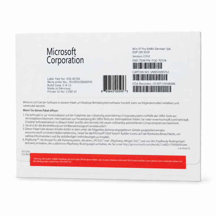 Windows 11 Professional x64, SB-Vollversion - neu, Vorderseite (FQC-10534) Windows 11 Professional x64, SB-Vollversion - neu, Vorderseite (FQC-10534)