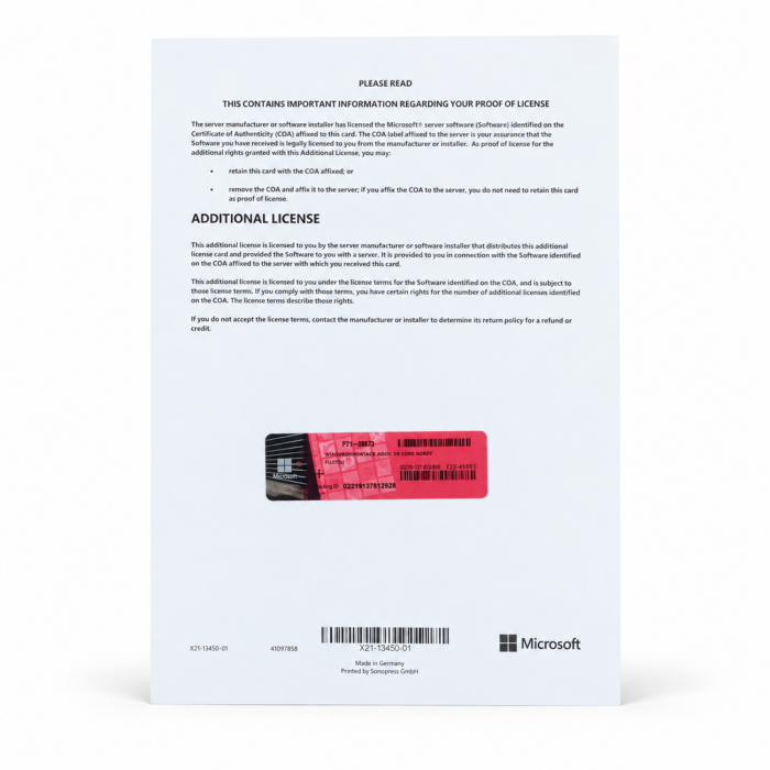 Windows 2019 Server Datacenter Edition, Additional License (Fujitsu), (+16 Kerne) - neu, Vorderseite (P71-08873)