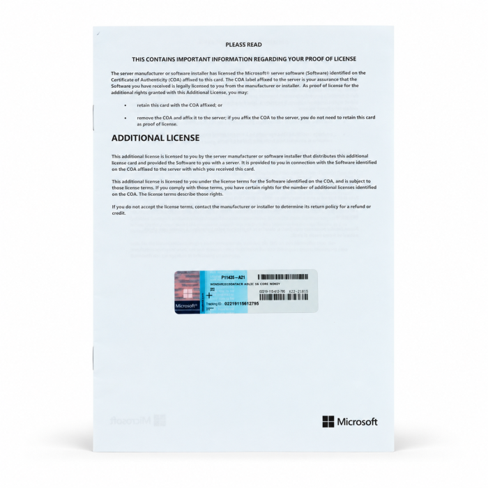 Windows 2019 Server Datacenter Edition, Additional License (HP), (+16 Kerne), Vorderseite