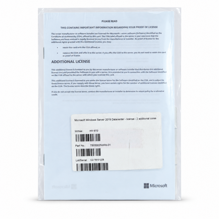 Windows 2019 Server Datacenter Edition, Additional License (Lenovo), (+2 Kerne) - neu Rückseite