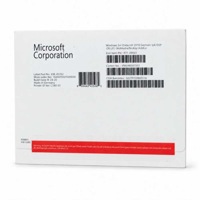 Windows 2019 Server Datacenter Edition, Additional License (SB), (+2 Kerne) - neu, Vorderseite (P71-09065)