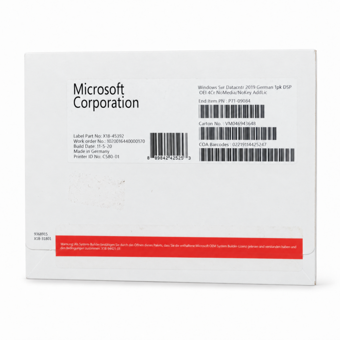 Windows 2019 Server Datacenter Edition, Additional License (SB), (+4 Kerne) - neu, Vorderseite (P71-09084)