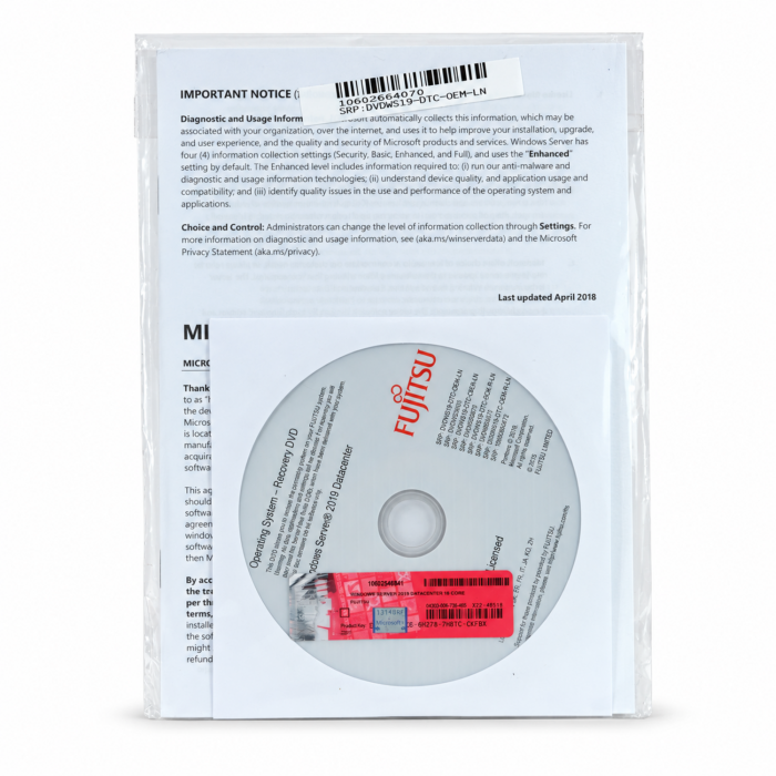 Windows 2019 Server Datacenter Edition, Fujitsu-ROK, deutsch, englisch (MUI) (für bis zu 16 Kerne) - neu, Vorderseite Windows 2019 Server Datacenter Edition, Fujitsu-ROK, deutsch, englisch (MUI) (für bis zu 16 Kerne) - neu, Vorderseite