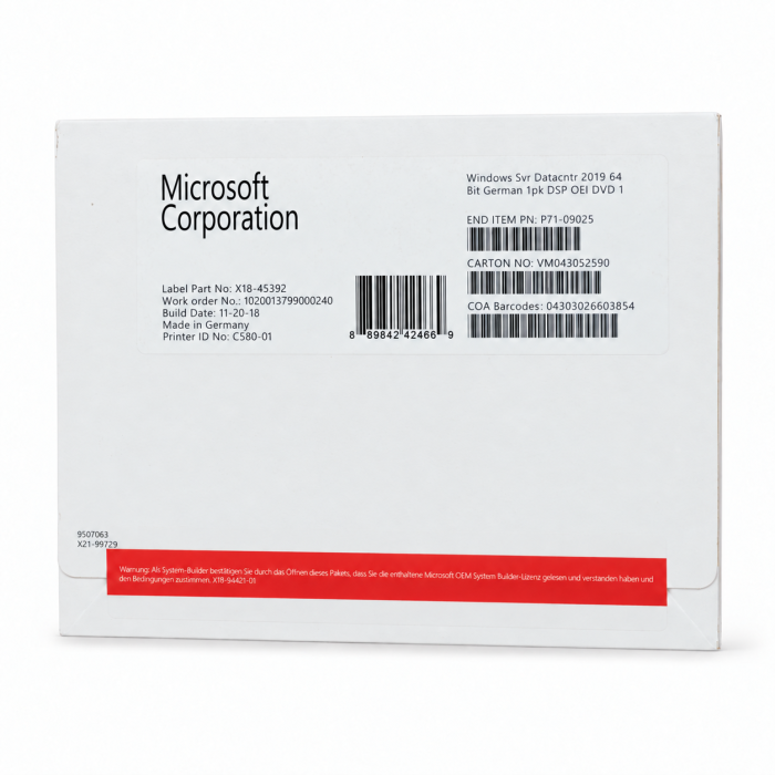 Windows 2019 Server Datacenter Edition, SB, deutsch (für bis zu 16 Kerne) - neu, Vorderseite (P71-09025) Windows 2019 Server Datacenter Edition, SB, deutsch (für bis zu 16 Kerne) - neu, Vorderseite (P71-09025)
