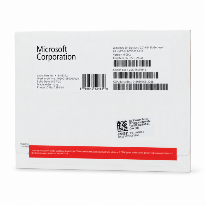 Windows 2019 Server Datacenter Edition, SB, deutsch (für bis zu 24 Kerne) - neu, Vorderseite (P71-09044)
