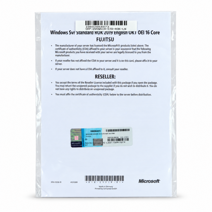 Windows 2019 Server Standard Edition Fujitsu-ROK, MUI (für bis zu 16 Kerne) - neu, Vorderseite (10602664073) Windows 2019 Server Standard Edition Fujitsu-ROK, MUI (für bis zu 16 Kerne) - neu, Vorderseite (10602664073)