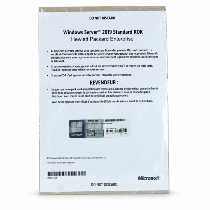 Windows 2019 Server Standard Edition HP-ROK, französisch (für bis zu 16 Kerne) - neu Vorderseite