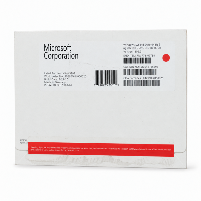 Windows 2019 Server Standard Edition SB, englisch (für bis zu 16 Kerne), Vorderseite (P73-07788)