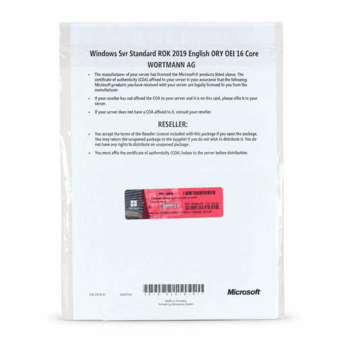 Windows 2019 Server Standard Edition Wortmann-ROK, (für bis zu 16 Kerne), Vorderseite (VPA-00630) Windows 2019 Server Standard Edition Wortmann-ROK, (für bis zu 16 Kerne), Vorderseite (VPA-00630)