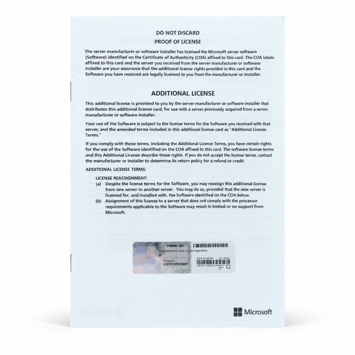 Windows 2022 Server Standard Edition, Additional License, OEM (HP), (+4 Kerne) - neu, Vorderseite