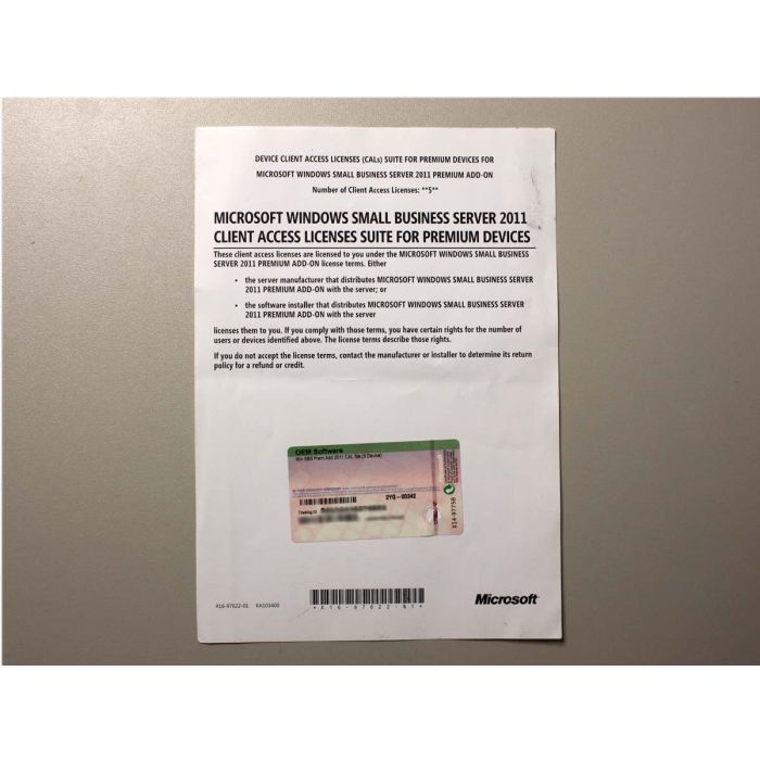 5 Zugriffslizenzen (Geräte) für Windows Small Business Server 2011 PREMIUM-Addon, (HP-OEM) - neu