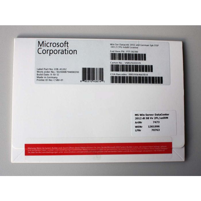 Windows 2012 Server Datacenter Edition (R1/R2), SB Additional License (SB) 2-CPU-Erweiterung, deutsch Windows 2012 Server Datacenter Edition (R1/R2), SB Additional License (SB) 2-CPU-Erweiterung, deutsch