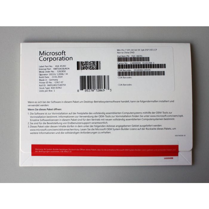 Windows 7 Professional 64-Bit SP1 SB LCP-Vollversion, deutsch - neu