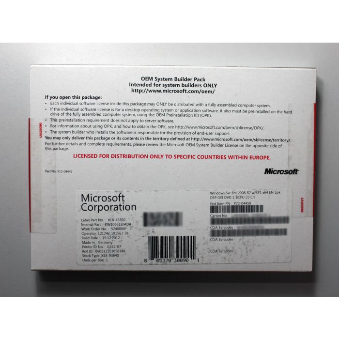 Windows 2008 Enterprise Server R2/x64, SB-Vollversion mit 25 CALs (1-8 CPU), englisch - neu