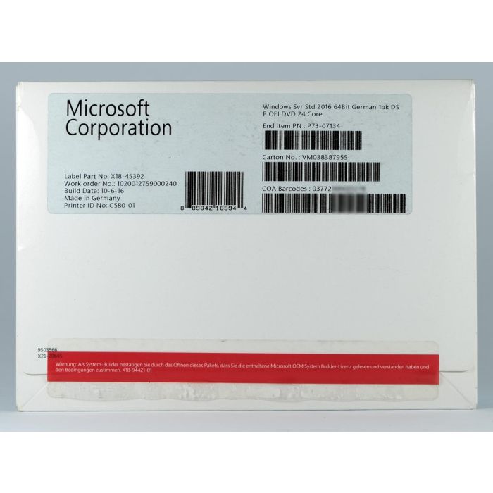 Windows 2016 Server Standard Edition SB, deutsch (für bis zu 16 Kerne)