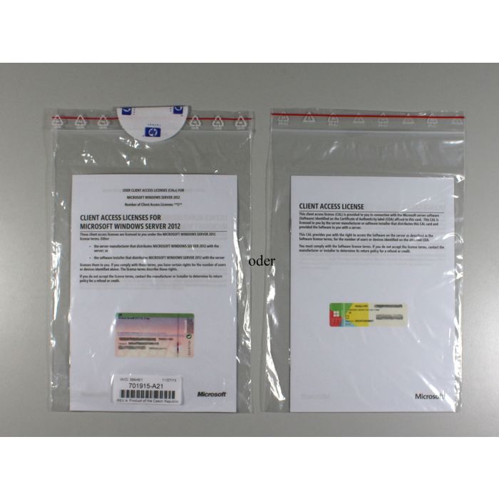 5 Zugriffslizenzen (Benutzer) für Windows 2012 Server, OEM (HP) - neu