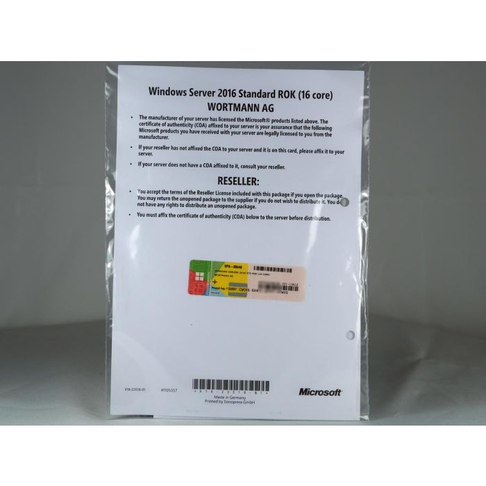 Windows 2016 Server Standard Edition OEM (Wortmann, frei installierbar), multilanguage (für bis zu 16 Kerne)