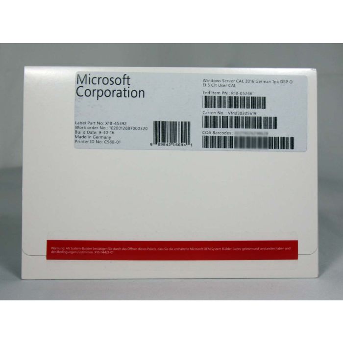 5 Zugriffslizenzen (Benutzer) für Windows 2016 Server, SB (deutsch) - neu 5 Zugriffslizenzen (Benutzer) für Windows 2016 Server, SB (deutsch) - neu