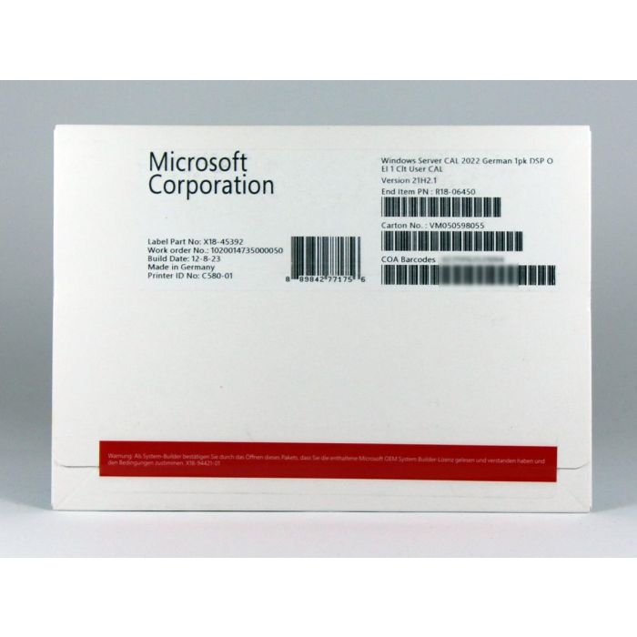 1 Zugriffslizenz (Benutzer) für Windows 2022 Server, SB, deutsch - neu 1 Zugriffslizenz (Benutzer) für Windows 2022 Server, SB, deutsch - neu