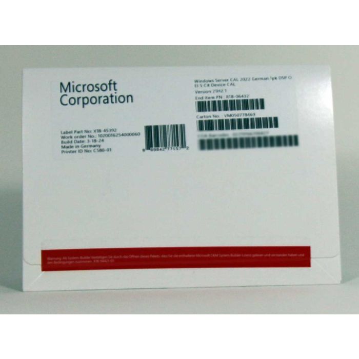 5 Zugriffslizenzen (Geräte) für Windows 2022 Server, SB, deutsch - neu 5 Zugriffslizenzen (Geräte) für Windows 2022 Server, SB, deutsch - neu