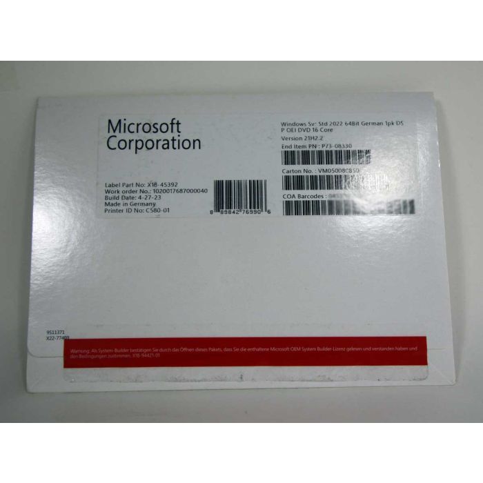 Windows 2022 Server Standard Edition SB, deutsch (für bis zu 16 Kerne) Windows 2022 Server Standard Edition SB, deutsch (für bis zu 16 Kerne)