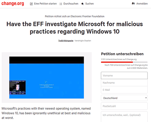 Petition gegen Microsoft-Zwangsupdate: Electronic Frontier Foundation soll Klage erheben