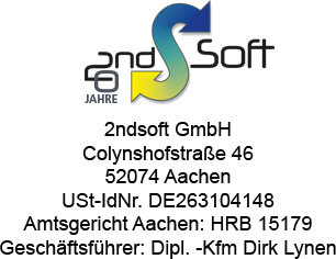 2ndsoft GmbH, Colynshofstr. 46, 52074 Aachen, Tel.: 0241-559693-0, Ust.-Id.: DE263104148, Amtsgericht Aachen: HRB 15179, Geschäftsführer: Dirk Lynen